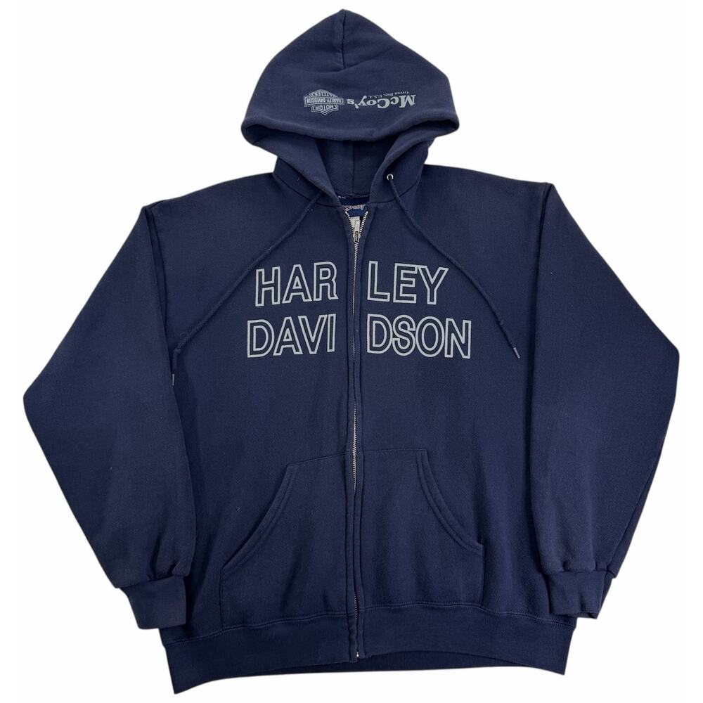 Vintage 90s Harley Davidson Hoodie Men's Large Full Zip Blue Pullover Sweatshirt